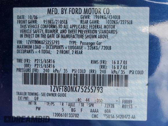 2007 Ford Mustang Deluxe z VIN 1ZVFT80NX75255793, wystawiony jako Copart lot #58993805 z przebiegiem 159 882 mil mil oraz Szkoda całkowita • Salvage title. Historia ofert i sprzedaży dostępna na DreamBid. Obrazek 12.