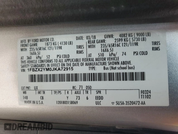 2018 Ford Transit Passenger XL with VIN 1FBZX2YM0JKA72915, listed as a Copart auction lot 54671675 with 68,695 mi miles and Salvage title. Bid and sale history available at DreamBid. Image 13.
