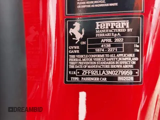 2022 Ferrari F8 с VIN ZFF92LLA3N0279959, выставлен на аукционе IAAI как лот 40522256 с пробегом Не указан миль и . История ставок и продаж доступна на DreamBid. Изображение 9.
