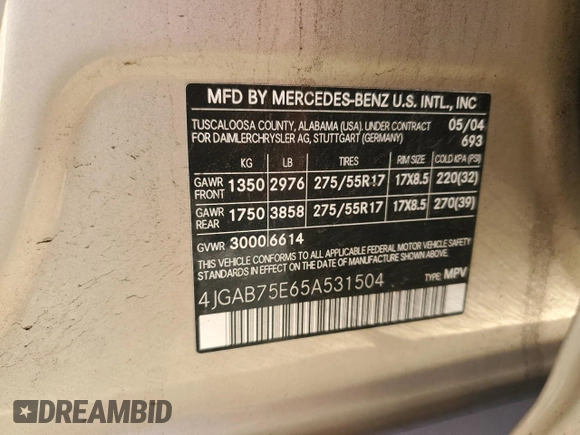 2005 Mercedes-Benz M 500 z VIN 4JGAB75E65A531504, wystawiony jako Copart lot #79095264 z przebiegiem 172 278 mil mil oraz Szkoda całkowita • Salvage title. Historia ofert i sprzedaży dostępna na DreamBid. Obrazek 13.