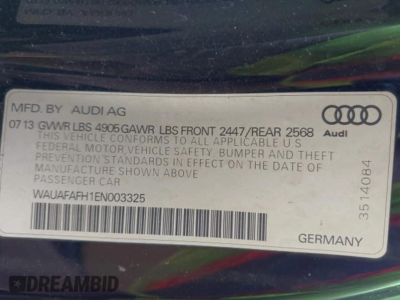 2014 Audi A5 Premium with VIN WAUAFAFH1EN003325, listed as a IAAI auction lot 42527376 with 72,644 mi miles and . Bid and sale history available at DreamBid. Image 9.