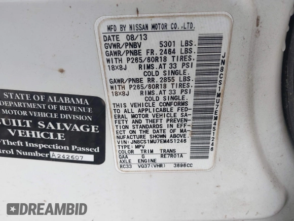 2014 Infiniti QX70 с VIN JN8CS1MU7EM451246, выставлен на аукционе IAAI как лот 42221306 с пробегом 190 252 миль миль и . История ставок и продаж доступна на DreamBid. Изображение 9.