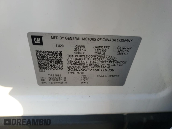 2021 Chevrolet Equinox LT with VIN 2GNAXKEV1M6119339, listed as a Copart auction lot 48896305 with 86,821 mi miles and Salvage Title. Bid and sale history available at DreamBid. Image 15.