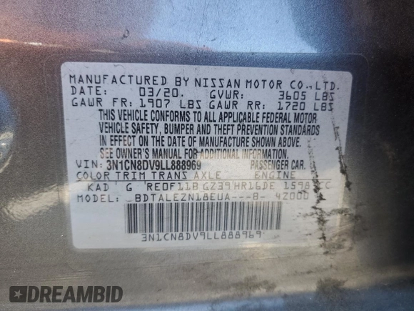 2020 Nissan Versa S with VIN 3N1CN8DV9LL888969, listed as a Copart auction lot 51855485 with 82,209 mi miles and Salvage Title. Bid and sale history available at DreamBid. Image 14.