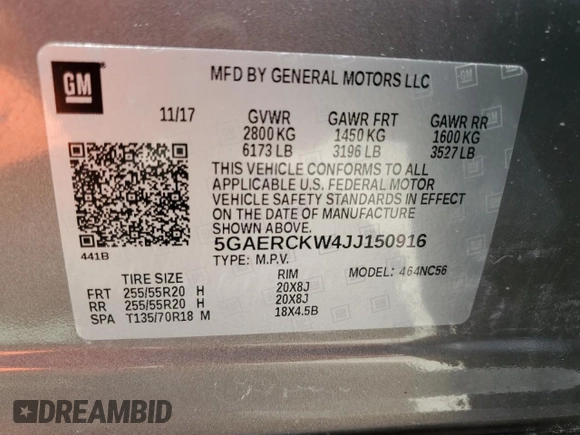 2018 Buick Enclave Premium with VIN 5GAERCKW4JJ150916, listed as a Copart auction lot 50449893 with 0 mi miles and Salvage Title. Bid and sale history available at carsss.com. Image 13.