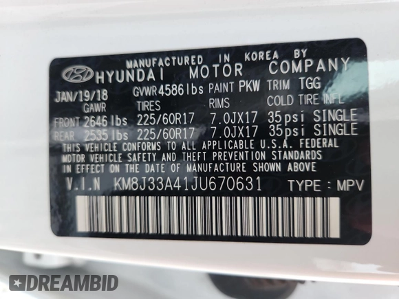 2018 Hyundai Tucson SEL Plus z VIN KM8J33A41JU670631, wystawiony jako Copart lot #59887105 z przebiegiem 133 012 mil mil oraz Szkoda całkowita • Salvage title. Historia ofert i sprzedaży dostępna na DreamBid. Obrazek 14.