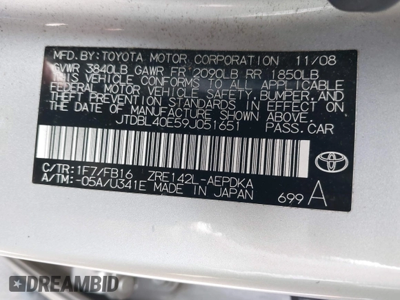 2009 Toyota Corolla with VIN JTDBL40E59J051651, listed as a IAAI auction lot 41874710 with 52,938 mi miles. Bid and sale history available at carsss.com. Image 9.
