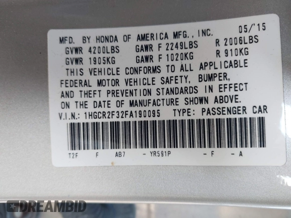 2015 Honda Accord LX with VIN 1HGCR2F32FA190095, listed as a IAAI auction lot 42020063 with 74,340 mi miles. Bid and sale history available at carsss.com. Image 9.