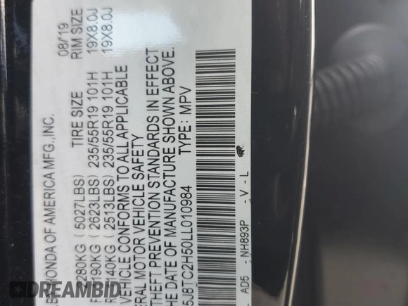 2020 Acura RDX w/Technology Pkg with VIN 5J8TC2H50LL010984, listed as a Copart auction lot 68770414 with 45,805 mi miles and Salvage Title. Bid and sale history available at carsss.com. Image 15.