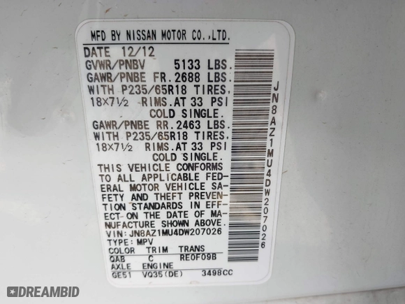 2013 Nissan Murano SV with VIN JN8AZ1MU4DW207026, listed as a IAAI auction lot 41849859 with 153,366 mi miles. Bid and sale history available at carsss.com. Image 9.