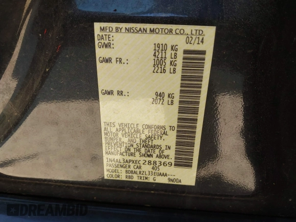 2014 Nissan Altima SV with VIN 1N4AL3APXEC288369, listed as a IAAI auction lot 42053058 with 125,851 mi miles and . Bid and sale history available at DreamBid. Image 9.