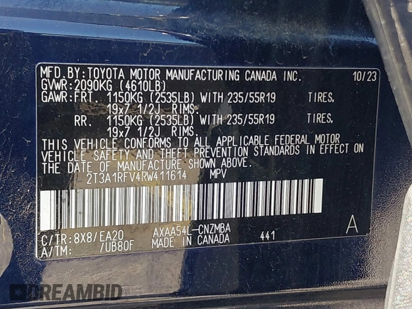 2024 Toyota RAV4 XLE Premium with VIN 2T3A1RFV4RW411614, listed as a IAAI auction lot 42295365 with 35,404 mi miles and . Bid and sale history available at DreamBid. Image 9.