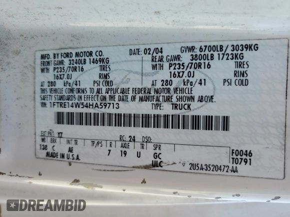 2004 Ford Econoline Cargo with VIN 1FTRE14W54HA59713, listed as a Copart auction lot 80306004 with 261,191 mi miles and Salvage Title. Bid and sale history available at carsss.com. Image 13.