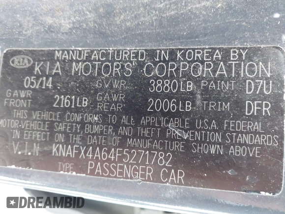 2015 Kia Forte LX with VIN KNAFX4A64F5271782, listed as a IAAI auction lot 41981939 with Not Provided miles. Bid and sale history available at carsss.com. Image 9.