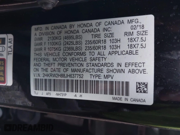 2018 Honda CR-V EX-L with VIN 2HKRW2H88JH637752, listed as a IAAI auction lot 41279038 with 44,941 mi miles. Bid and sale history available at carsss.com. Image 9.