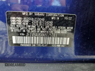 2022 Subaru WRX GT with VIN JF1VBAU6XN8025183, listed as a Copart auction lot 61403135 with 31,335 mi miles and Salvage title. Bid and sale history available at DreamBid. Image 13.