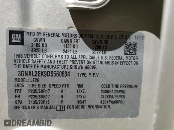 2013 Chevrolet Captiva Sport LS with VIN 3GNAL2EK9DS560834, listed as a Copart auction lot 74252654 with Not Provided miles and Salvage Title. Bid and sale history available at DreamBid. Image 14.