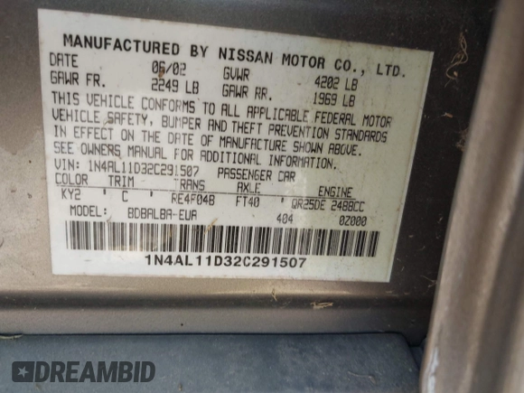 2002 Nissan Altima S with VIN 1N4AL11D32C291507, listed as a IAAI auction lot 41997253 with 199,769 mi miles. Bid and sale history available at carsss.com. Image 9.
