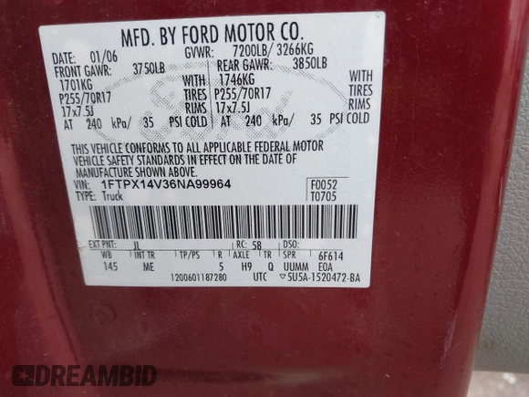 2006 Ford F-150 XLT with VIN 1FTPX14V36NA99964, listed as a IAAI auction lot 42008941 with 152,360 mi miles. Bid and sale history available at carsss.com. Image 9.