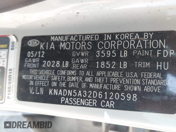 2013 Kia Rio SX with VIN KNADN5A32D6120598, listed as a IAAI auction lot 42342103 with 121,081 mi miles and . Bid and sale history available at DreamBid. Image 9.