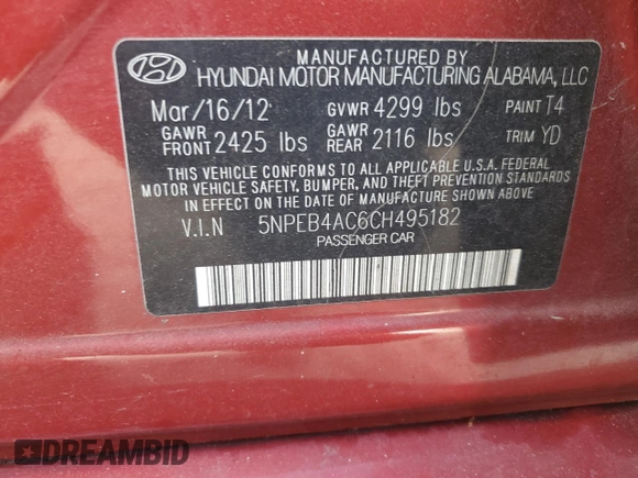 2012 Hyundai Sonata GLS with VIN 5NPEB4AC6CH495182, listed as a Copart auction lot 51501695 with Not Provided miles and Salvage Title. Bid and sale history available at carsss.com. Image 14.