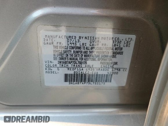 2013 Nissan Sentra S with VIN 3N1AB7AP7DL755175, listed as a Copart auction lot 50788075 with 121,829 mi miles and Salvage Title. Bid and sale history available at DreamBid. Image 14.