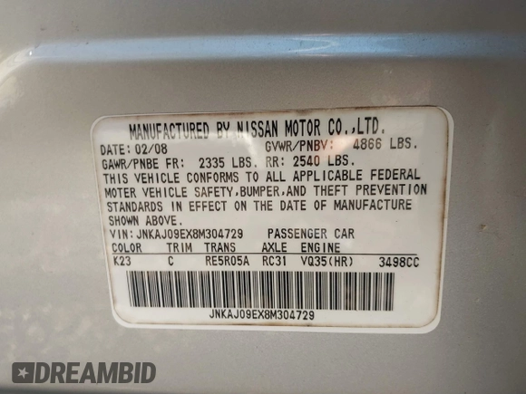 2008 Infiniti EX Journey with VIN JNKAJ09EX8M304729, listed as a IAAI auction lot 41757958 with Not provided miles and . Bid and sale history available at DreamBid. Image 9.
