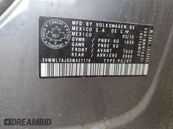 2013 Volkswagen Jetta with VIN 3VWWL7AJ6DM427118, listed as a Copart auction lot 50937335 with 337,598 mi miles and Salvage title. Bid and sale history available at DreamBid. Image 12.