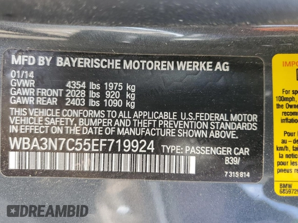 2014 BMW 4 Series 428i with VIN WBA3N7C55EF719924, listed as a Copart auction lot 74601284 with 57,165 mi miles and Clean Title. Bid and sale history available at carsss.com. Image 12.