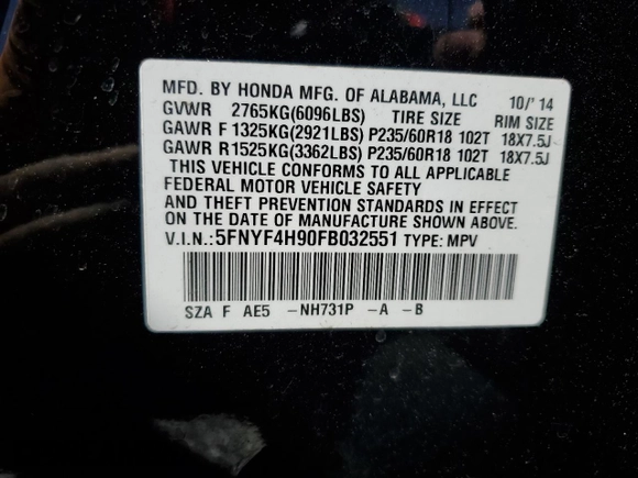 2015 Honda Pilot Touring with VIN 5FNYF4H90FB032551, listed as a Copart auction lot 49572465 with 135,656 mi miles and Salvage Title. Bid and sale history available at DreamBid. Image 13.