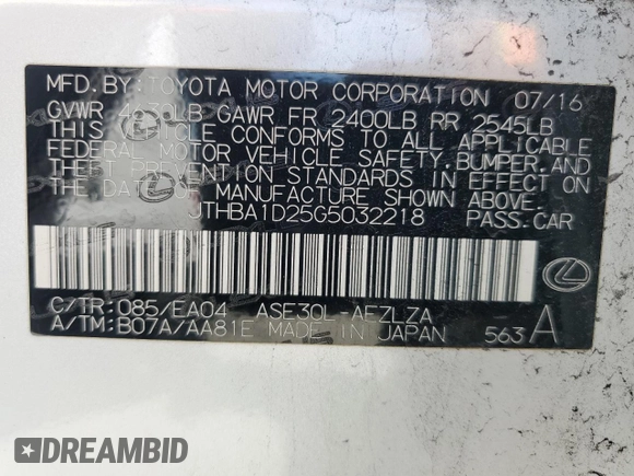 2016 Lexus IS 200t with VIN JTHBA1D25G5032218, listed as a Copart auction lot 52015415 with Not Provided miles and Salvage Title. Bid and sale history available at DreamBid. Image 12.