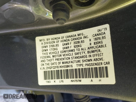 2019 Honda Civic Sedan LX with VIN 2HGFC2F61KH558416, listed as a IAAI auction lot 41636764 with 47,910 mi miles. Bid and sale history available at carsss.com. Image 9.