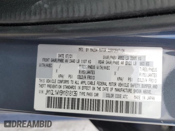 2021 Mazda 6 Carbon Edition with VIN JM1GL1WY6M1618139, listed as a Copart auction lot 88761045 with 82,377 mi miles and Non Repairable. Bid and sale history available at DreamBid. Image 14.