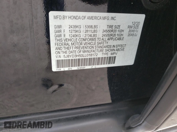 2020 Acura MDX Technology with VIN 5J8YD3H50LL018172, listed as a Copart auction lot 62279265 with 61,584 mi miles and Salvage title. Bid and sale history available at DreamBid. Image 13.