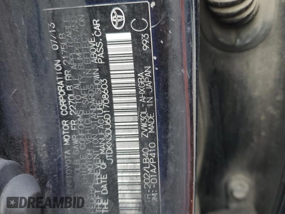 2013 Toyota Prius One z VIN JTDKN3DU6D1708603, wystawiony jako Copart lot #55022565 z przebiegiem 214 510 mil mil oraz Szkoda całkowita • Salvage title. Historia ofert i sprzedaży dostępna na DreamBid. Obrazek 12.