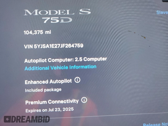 2018 Tesla Model S 75D with VIN 5YJSA1E27JF264759, listed as a Copart auction lot 59610855 with 104,375 mi miles and Salvage title. Bid and sale history available at DreamBid. Image 9.