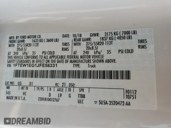 2018 Ford F-150 XL with VIN 1FTEW1EG1JFE56331, listed as a Copart auction lot 50184205 with 152,420 mi miles and Salvage Title. Bid and sale history available at carsss.com. Image 14.