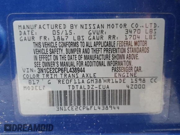 2015 Nissan Note SV with VIN 3N1CE2CP6FL438944, listed as a Copart auction lot 53444845 with 75,101 mi miles and Non repairable. Bid and sale history available at DreamBid. Image 12.