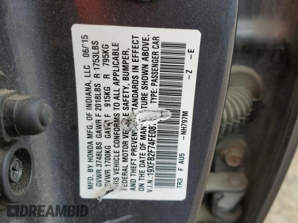 2015 Honda Civic SE z VIN 19XFB2F74FE087468, wystawiony jako Copart lot #57939305 z przebiegiem 166 755 mil mil oraz Szkoda całkowita • Salvage title. Historia ofert i sprzedaży dostępna na DreamBid. Obrazek 12.