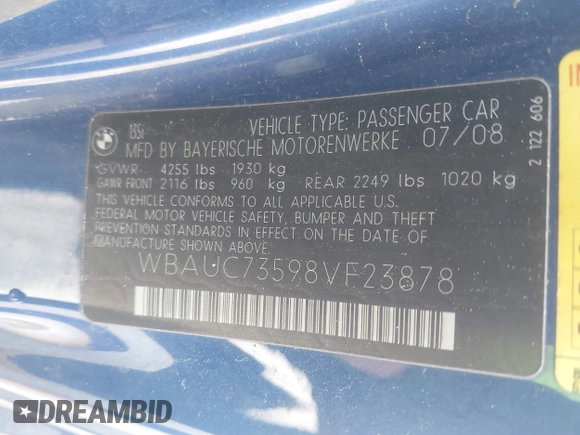 2008 BMW 1 Series 135i with VIN WBAUC73598VF23878, listed as a IAAI auction lot 41569879 with 186,622 mi miles. Bid and sale history available at carsss.com. Image 9.