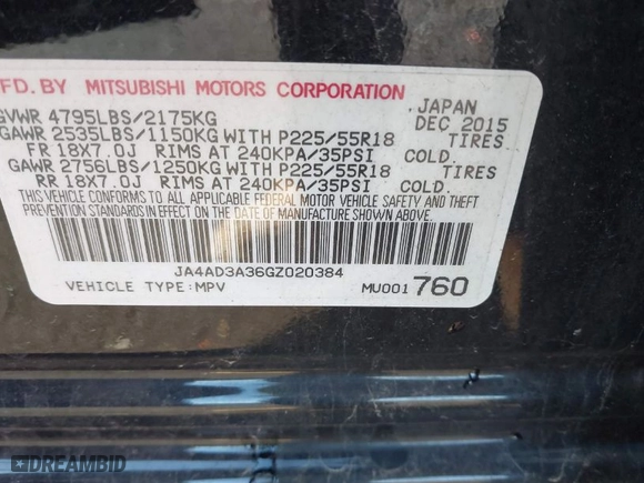 2016 Mitsubishi Outlander SE with VIN JA4AD3A36GZ020384, listed as a IAAI auction lot 41842844 with 93,690 mi miles. Bid and sale history available at carsss.com. Image 9.