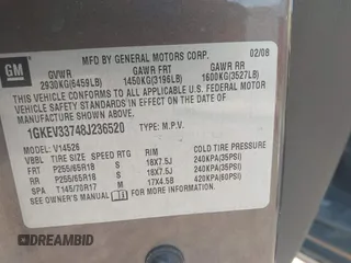 2008 GMC Acadia SLT2 with VIN 1GKEV33748J236520, listed as a IAAI auction lot 42008486 with 171,119 mi miles and . Bid and sale history available at DreamBid. Image 9.