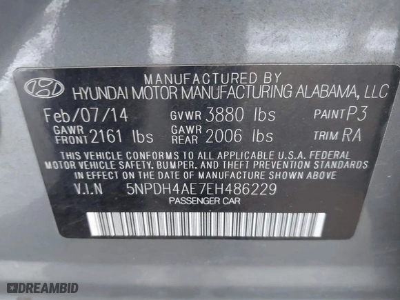 2014 Hyundai Elantra Limited with VIN 5NPDH4AE7EH486229, listed as a IAAI auction lot 42087929 with 182,220 mi miles. Bid and sale history available at carsss.com. Image 9.