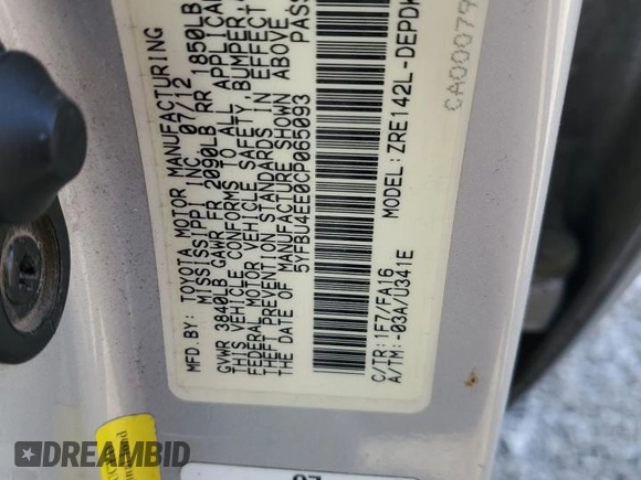 2012 Toyota Corolla L with VIN 5YFBU4EE0CP065093, listed as a Copart auction lot 48688055 with 222,582 mi miles and Salvage Title. Bid and sale history available at carsss.com. Image 13.