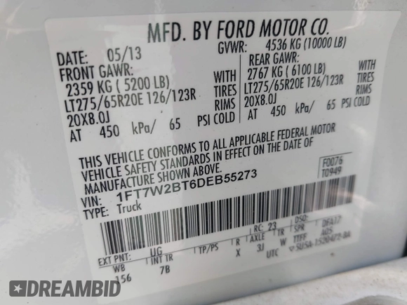 2013 Ford F-250 XL z VIN 1FT7W2BT6DEB55273, wystawiony jako IAAI lot #42323813 z przebiegiem 170 212 mil mil oraz . Historia ofert i sprzedaży dostępna na DreamBid. Obrazek 9.