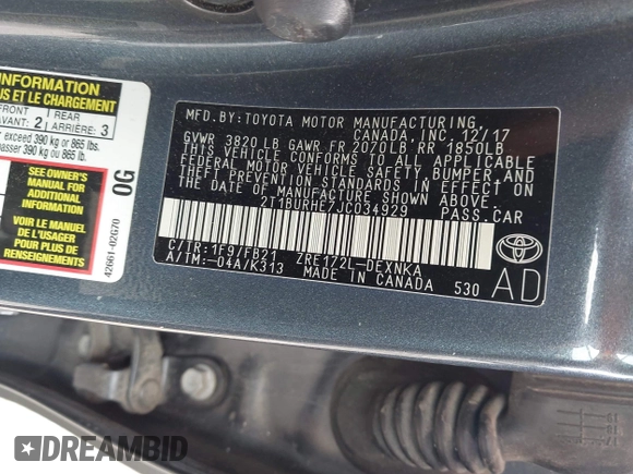 2018 Toyota Corolla L z VIN 2T1BURHE7JC034929, wystawiony jako IAAI lot #42291053 z przebiegiem 113 079 mil mil oraz . Historia ofert i sprzedaży dostępna na DreamBid. Obrazek 9.