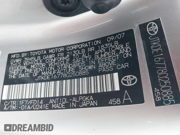 2008 Scion tC Spec with VIN JTKDE167780250885, listed as a IAAI auction lot 42122639 with 172,235 mi miles and . Bid and sale history available at DreamBid. Image 9.