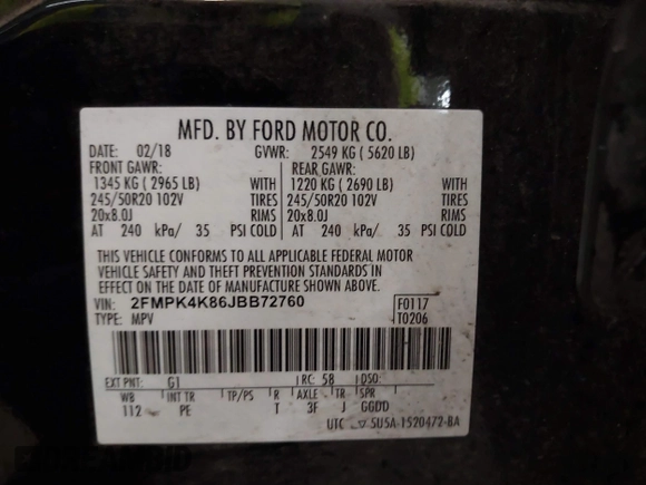 2018 Ford Edge Titanium with VIN 2FMPK4K86JBB72760, listed as a IAAI auction lot 41155594 with 83,338 mi miles. Bid and sale history available at carsss.com. Image 9.