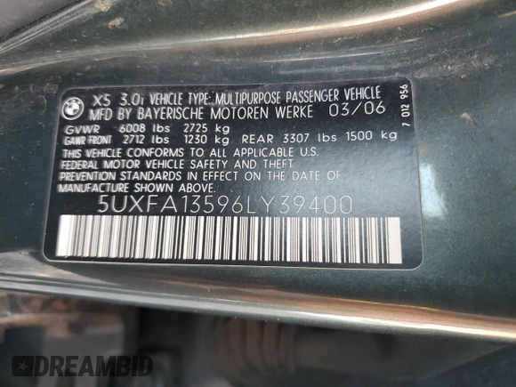 2006 BMW X5 3.0i with VIN 5UXFA13596LY39400, listed as a Copart auction lot 79711194 with 0 mi miles and Salvage Title. Bid and sale history available at carsss.com. Image 12.
