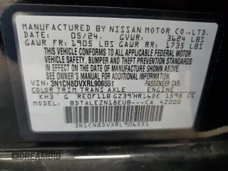 2024 Nissan Versa S with VIN 3N1CN8DVXRL906551, listed as a Copart auction lot 52995055 with 14,189 mi miles and Salvage Title. Bid and sale history available at carsss.com. Image 12.